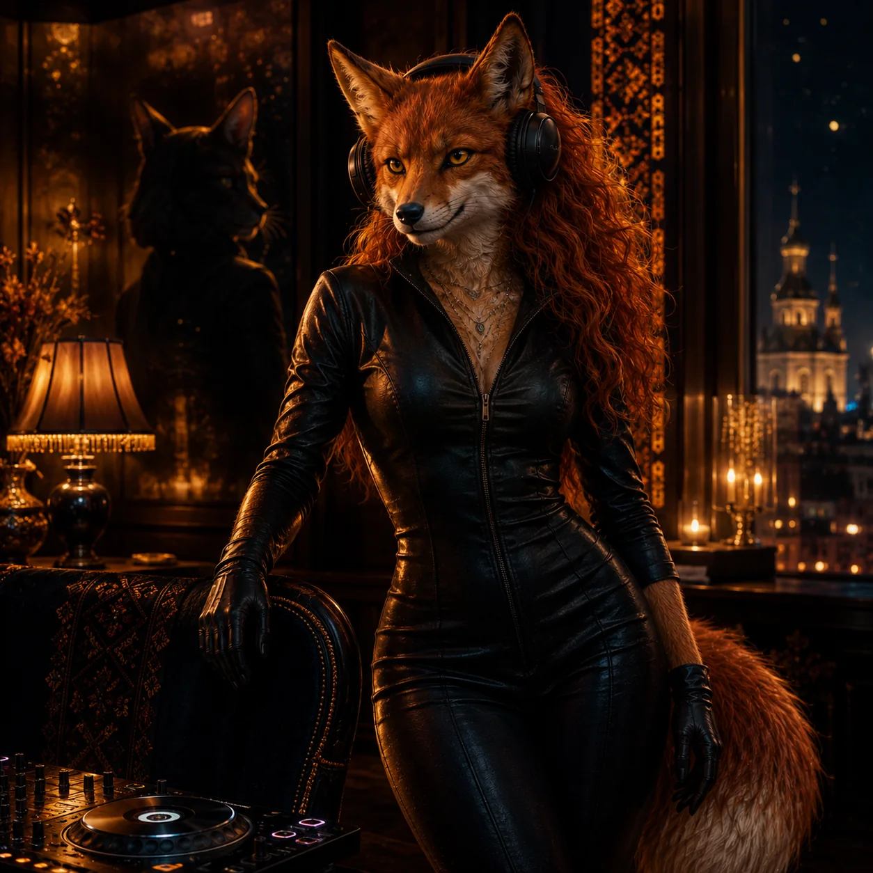 DJ Foxyana at a Kyiv DJ set, framed by warm light, Ukrainian embroidery, and the city at night