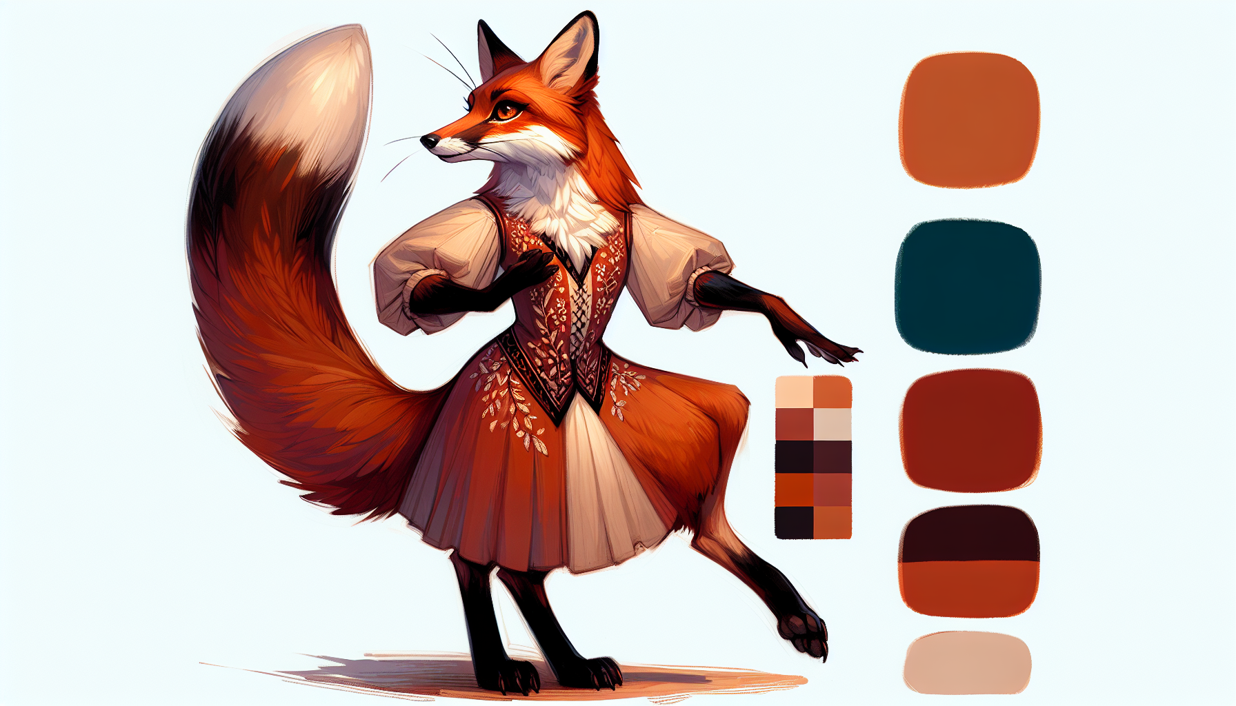 Foxyana in formal Ukrainian dance costume standing in a candlelit interior