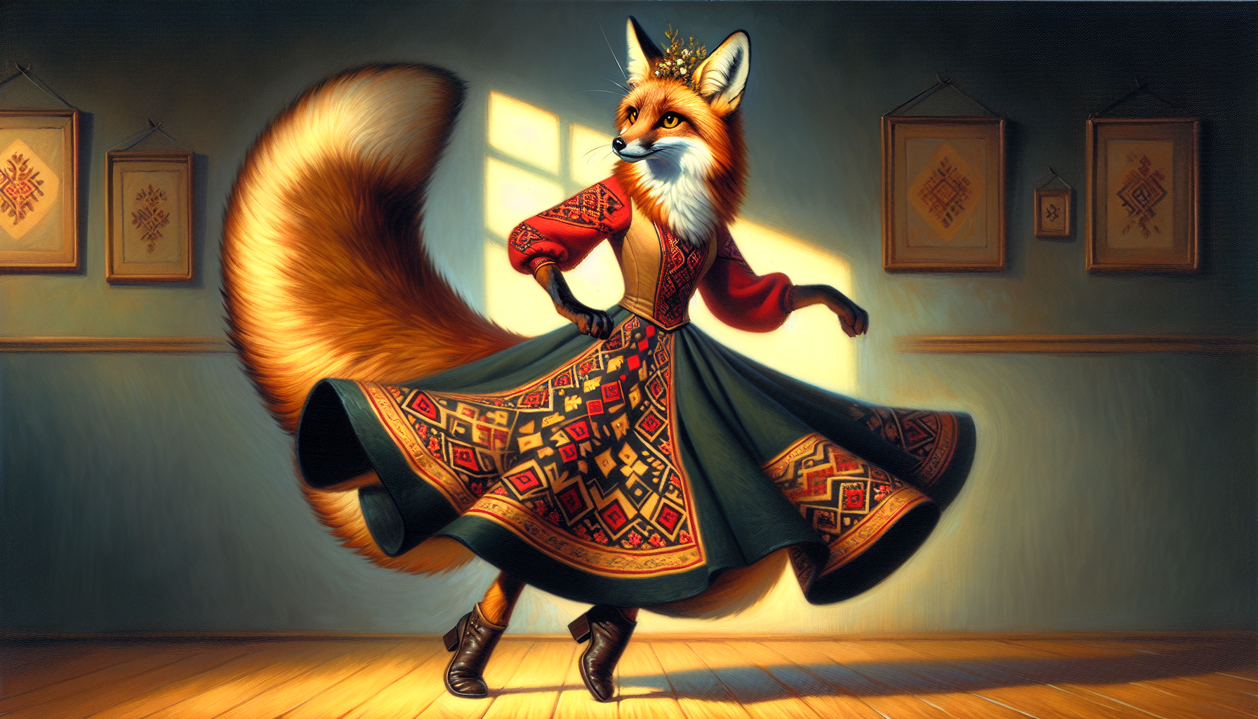 Foxyana mid-turn in Kozachok dance, skirt fanning outward