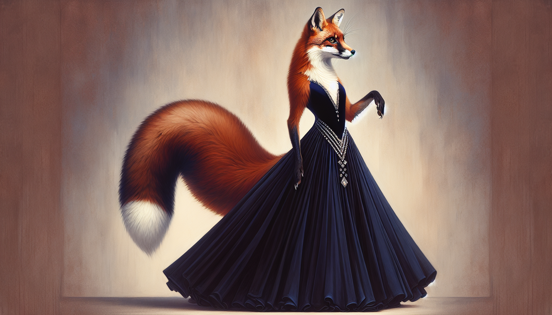 Foxyana in closed ballroom hold, precise frame, midnight gown