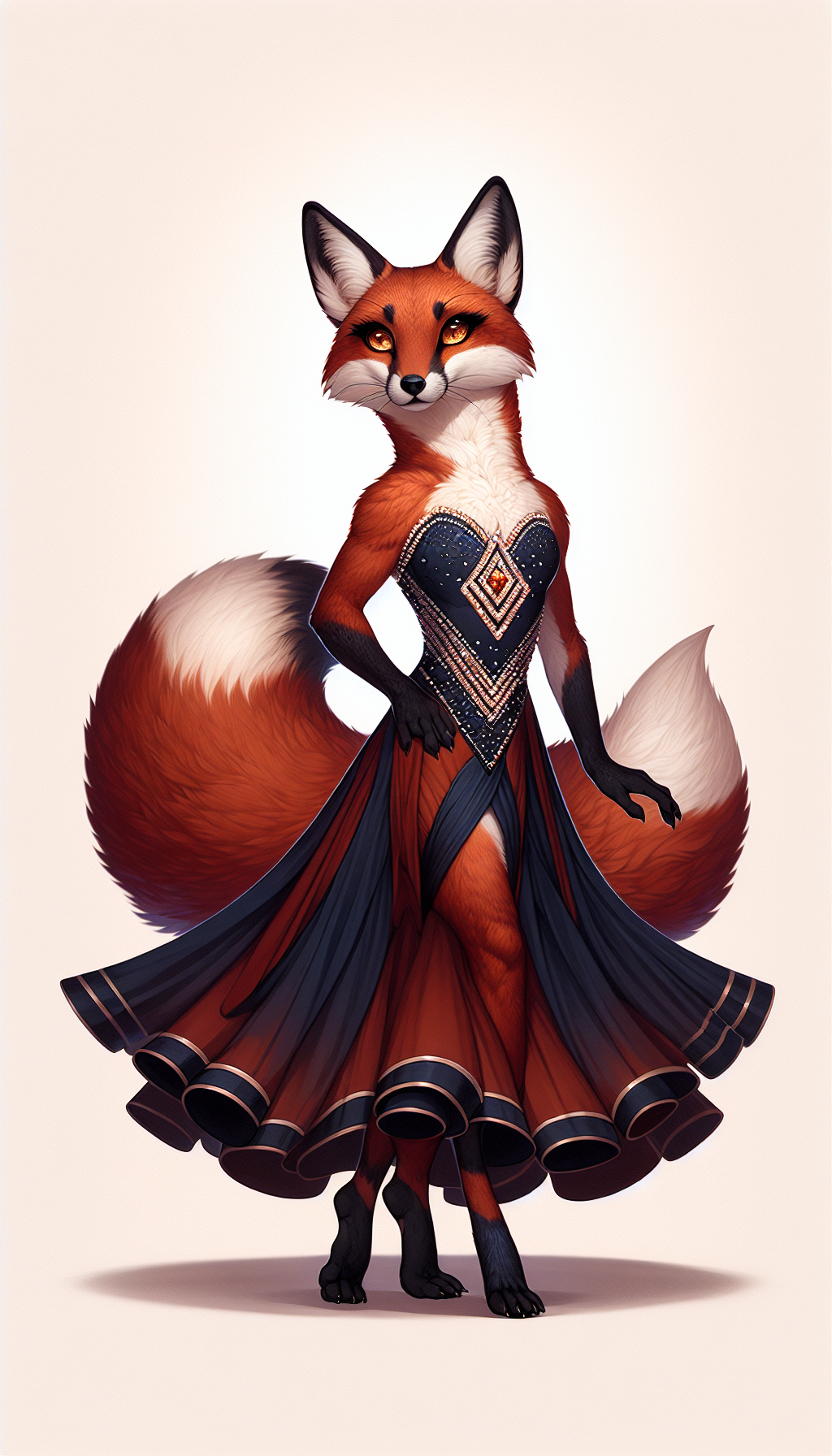 Foxyana in a sweeping ballroom gown, midnight navy with Hutsul gold beadwork