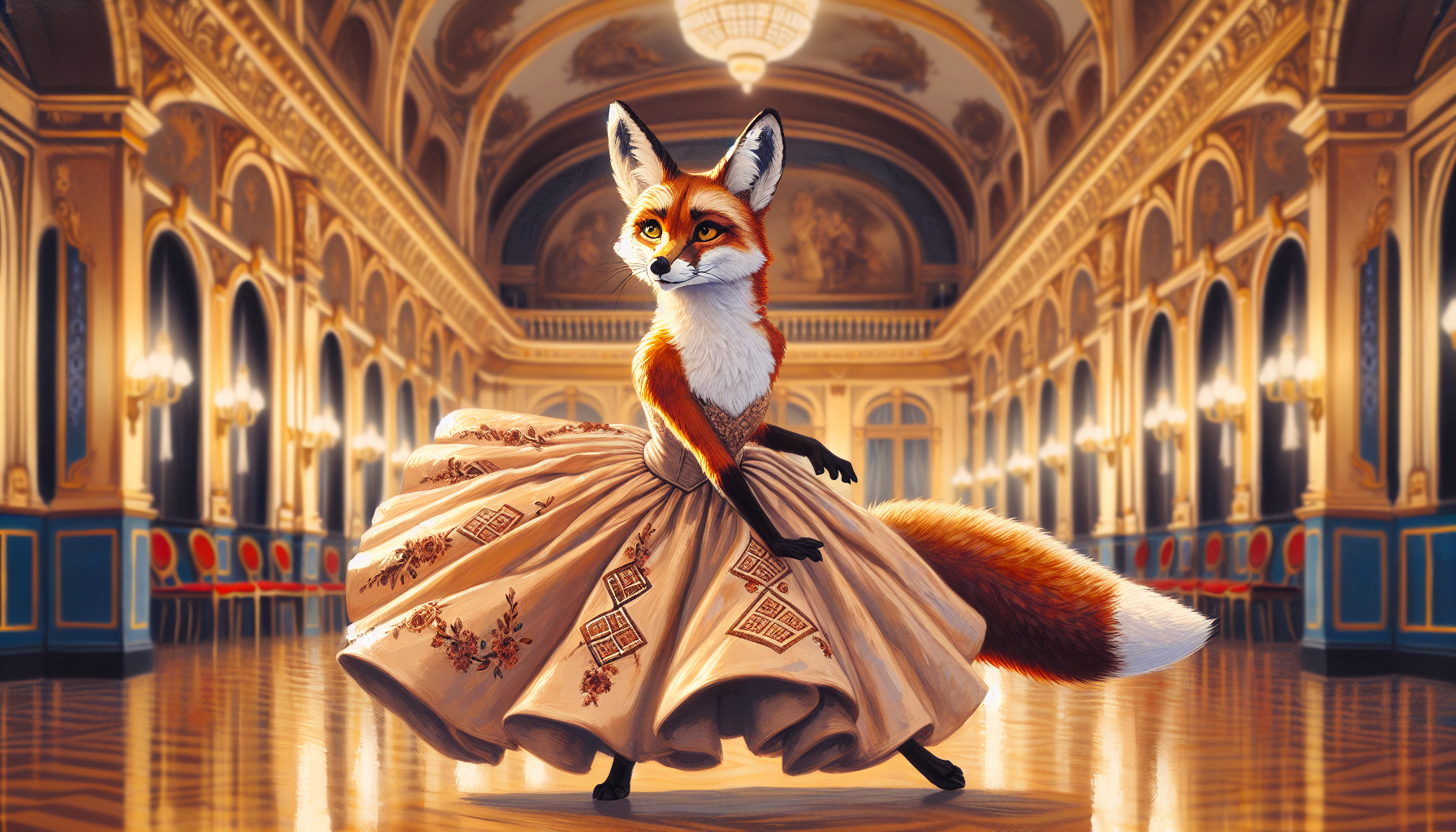 Foxyana in ballroom hold, Midnight Gown's Hutsul beadwork catching the light